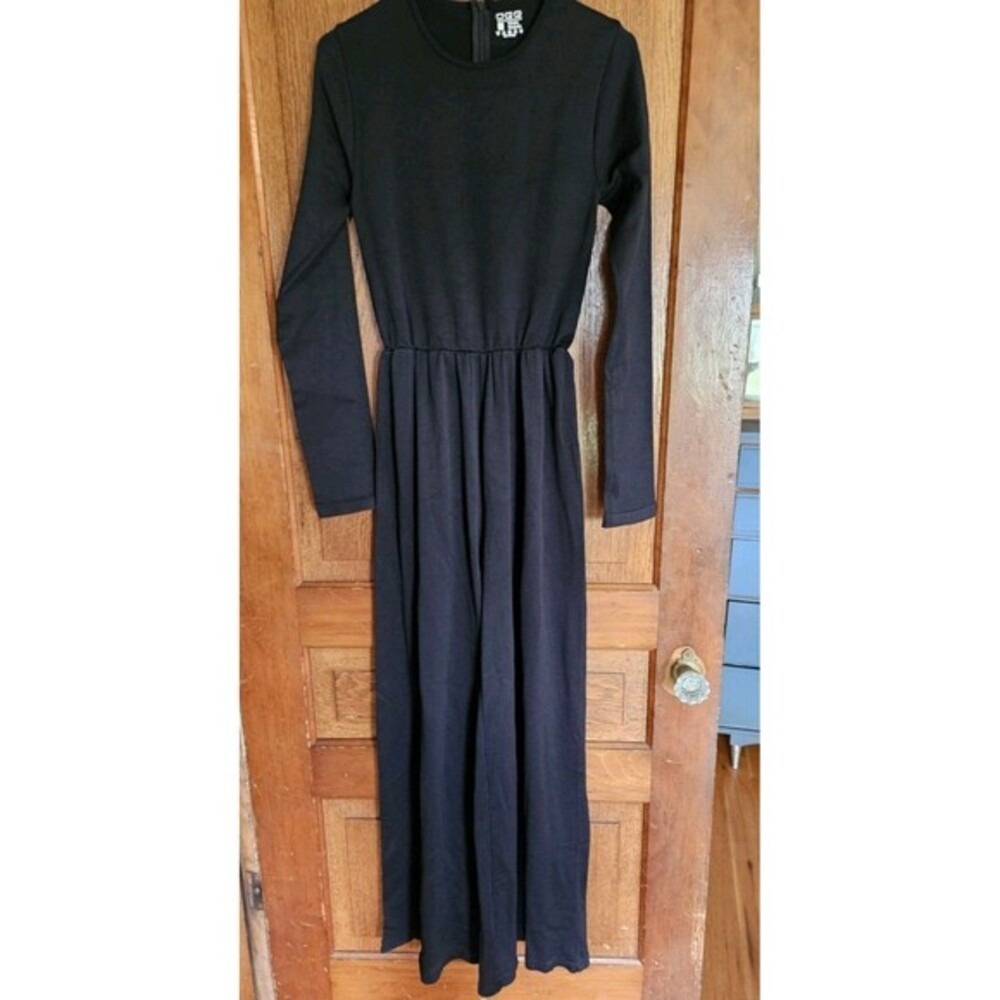 OQQ Jumpsuit Women L Black Ribbed Knit Long Sleeve Wide Leg One Piece Excellent - Picture 4 of 6